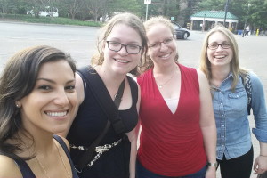 Science communication done right: still excited after 16 science talks. From left to right: me, Caroline, Tali, and Sonya.